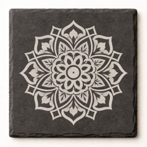 slate coaster with mandala design engraved