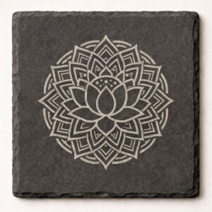 slate coaster with mandala design engraved