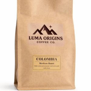 Colombia medium roast coffee beans in brown kraft paper bag