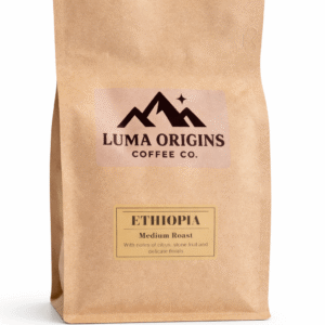 Ethiopia medium roast coffee beans in brown kraft paper bag